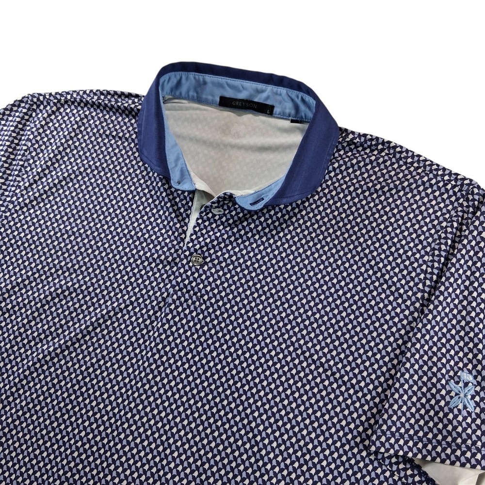 Greyson Polo Shirt Large Blue Geometric Allover Fox‎ Print Performance Golf Logo